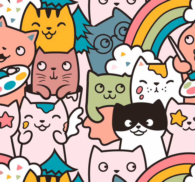 Papel tapiz para recámara dibujo de gatos en colores pastel - TenVinilo
