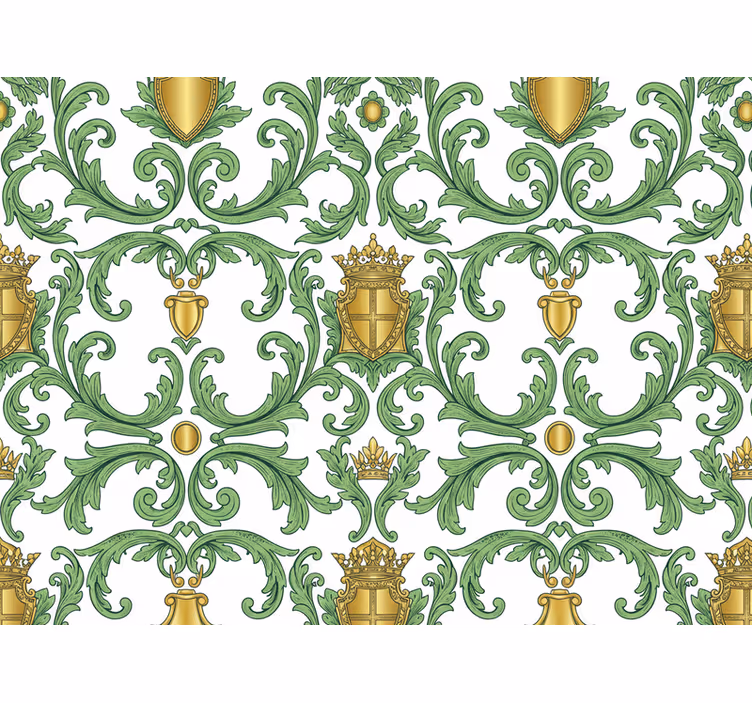 Papel tapiz barroco verde y dorado ornamental - TenVinilo