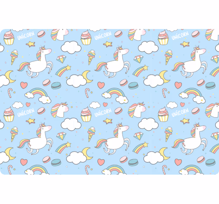 Papel tapiz azul con adorables unicornios y arcoíris - TenVinilo