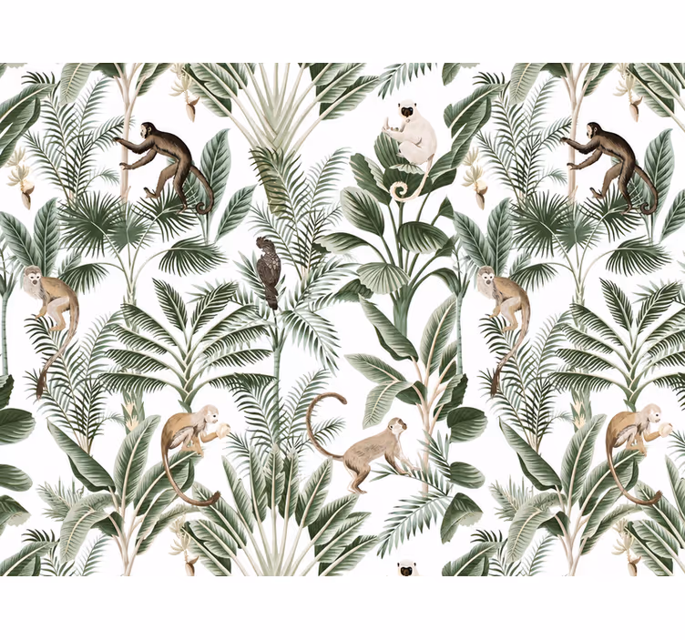 Papel tapiz paisaje patrón de animales y palmeras - TenVinilo