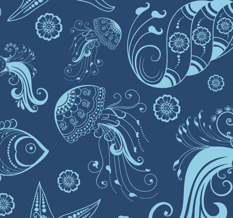 Papel pintado azul vida marina ornamental - TenVinilo