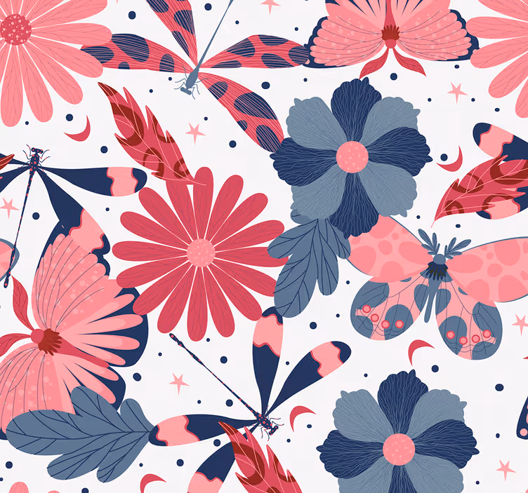 Papel tapiz flores patrón de mariposa rosa - TenVinilo