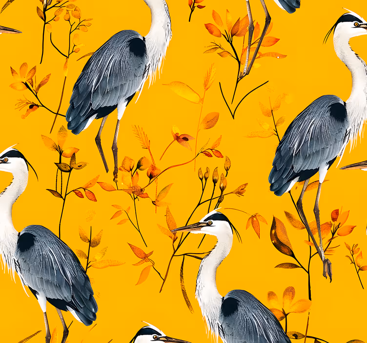 Papel tapiz amarillo patrón de garzas - TenVinilo