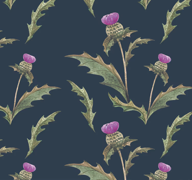 Papel pintado flores Cardo escocés verde y morado - TenVinilo