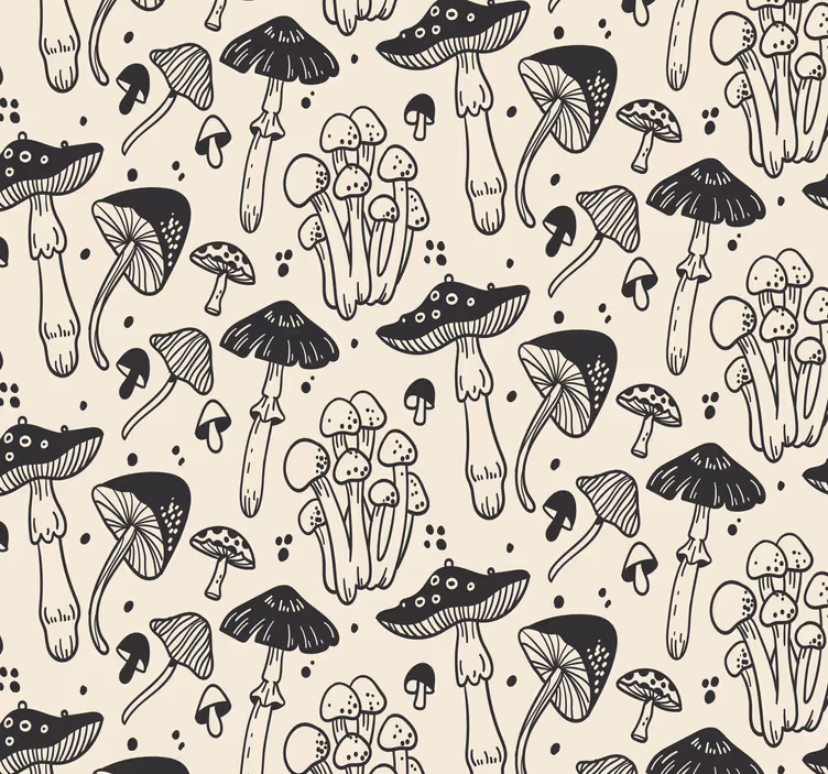 Papel de pared para salón patrón de champiñones en fondo beige - TenVinilo