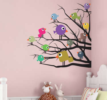 Vinilo infantil pájaros color ramas árbol