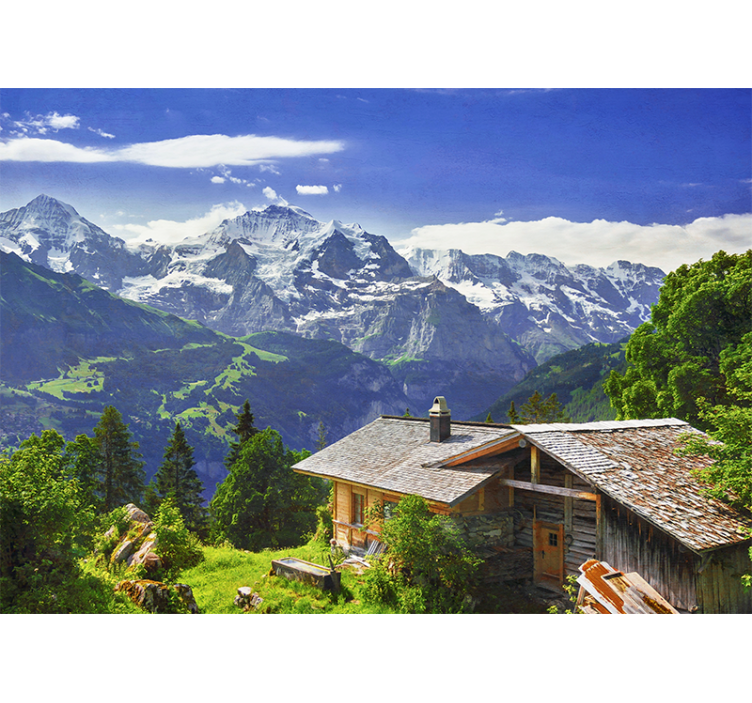 Persiana enrollable salón montañas nevadas y campo verde - TenVinilo