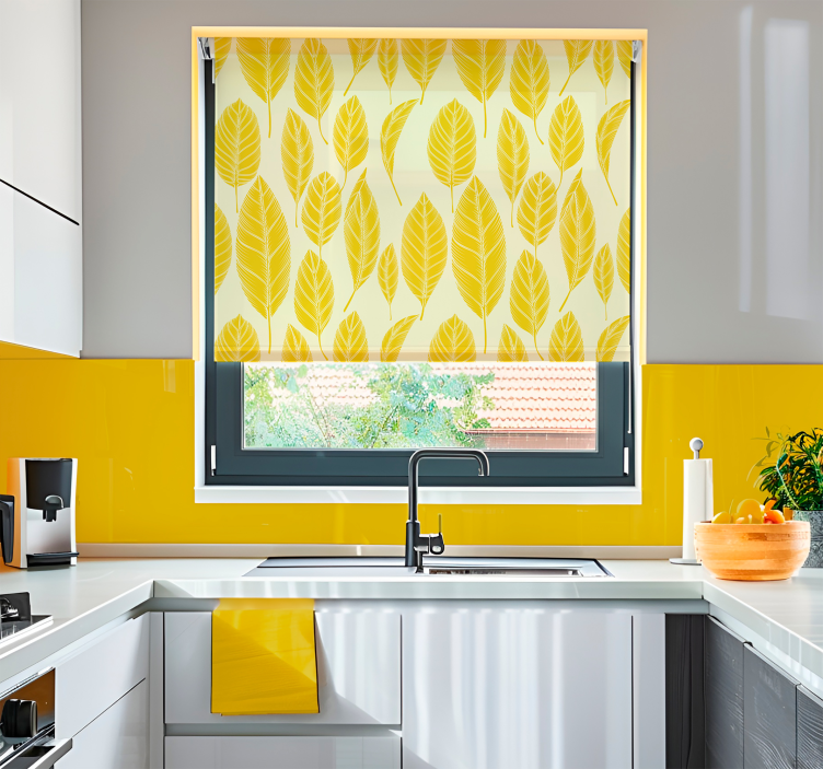 Persiana enrollable amarilla patrón de hojas grandes - TenVinilo