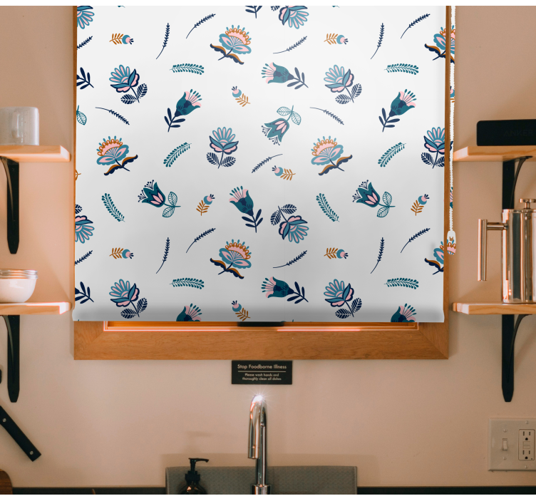 Persiana enrollable floral motivo de arte popular azul - TenVinilo