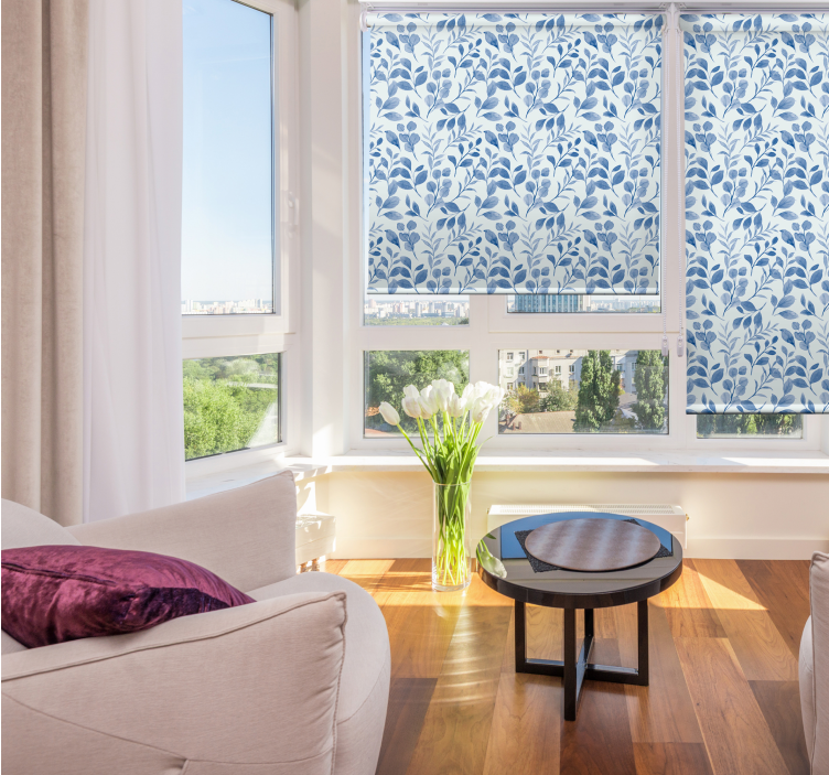 Persiana enrollable flores elegante patrón de hojas azules - TenVinilo