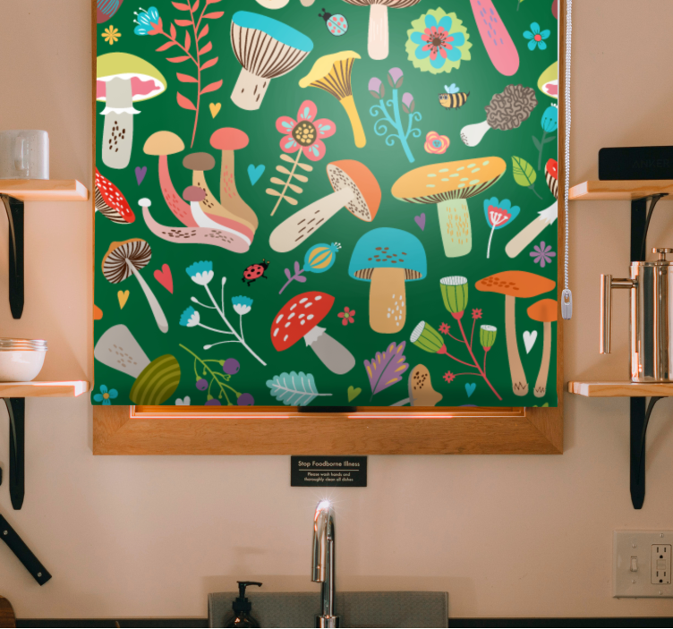 Persiana enrollable flores vibrante motivo de hongo - TenVinilo