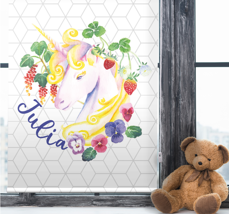 Persiana enrollable infantil unicornio floral con nombre - TenVinilo
