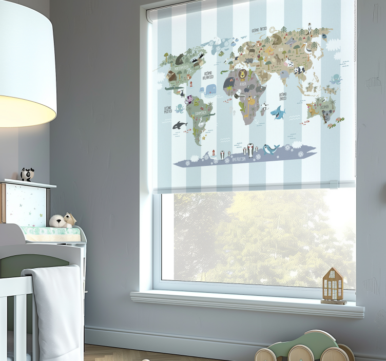 Persiana enrollable para bebé mapa mundial de fauna - TenVinilo