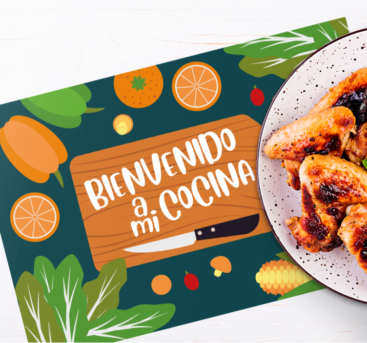 Mantel individual moderno bienvenidos a mi cocina con frutas - TenVinilo