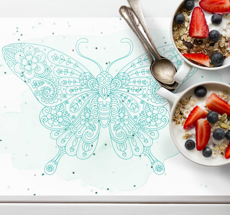 Manteles individuales de mariposa turquesa y mandala - TenVinilo