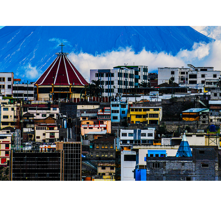 Mural ciudad paisaje urbano con volcán - TenVinilo