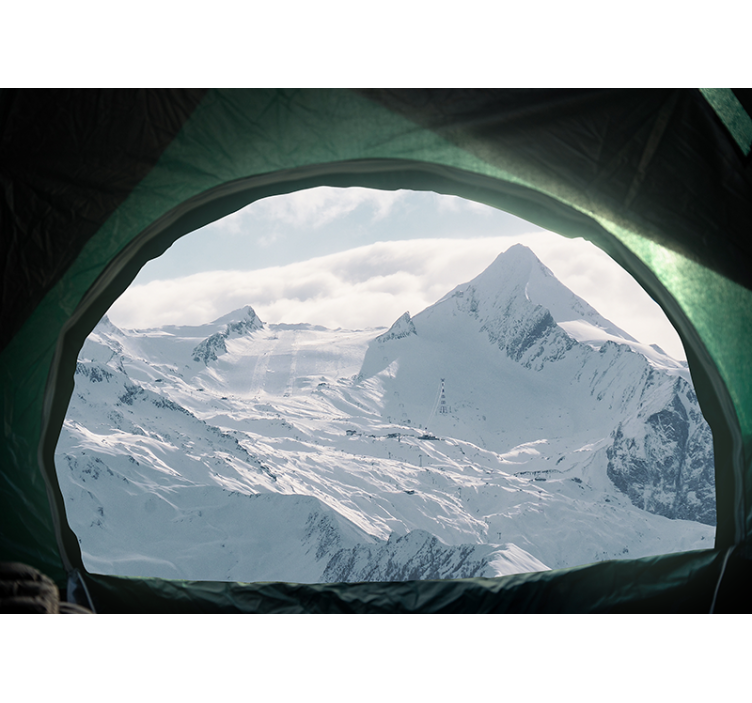 Fotomural 3D Ventana nieve montaña carpa - TenVinilo