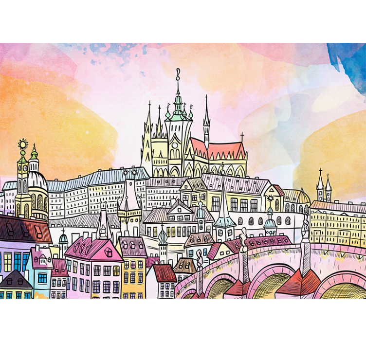 Mural para salón Ilustración de la ciudad de praga al atardecer - TenVinilo