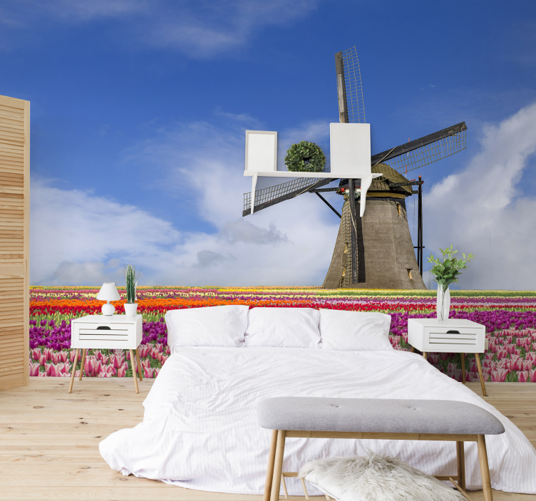 Fotomural campo de flores y molino de viento - TenVinilo