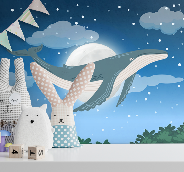 Mural infantil Ballena dibujada a mano en el cielo - TenVinilo