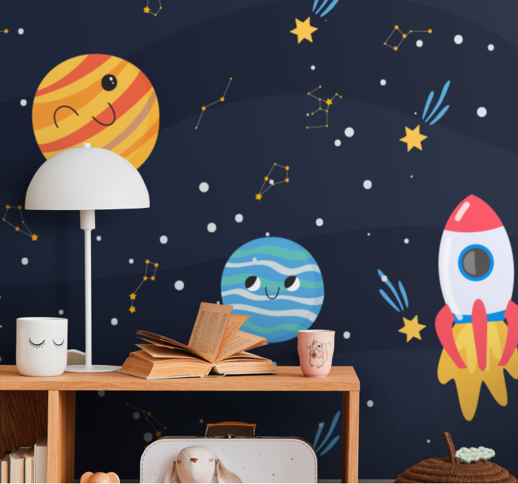 Mural infantil Galaxia con naves espaciales y planetas. - TenVinilo