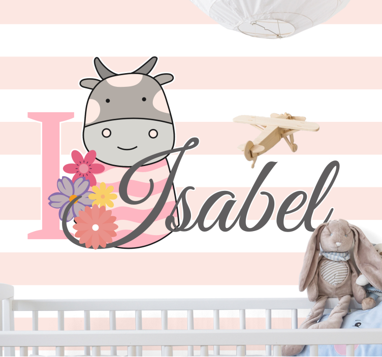 Mural infantil Lindos animales vaca con nombre - TenVinilo