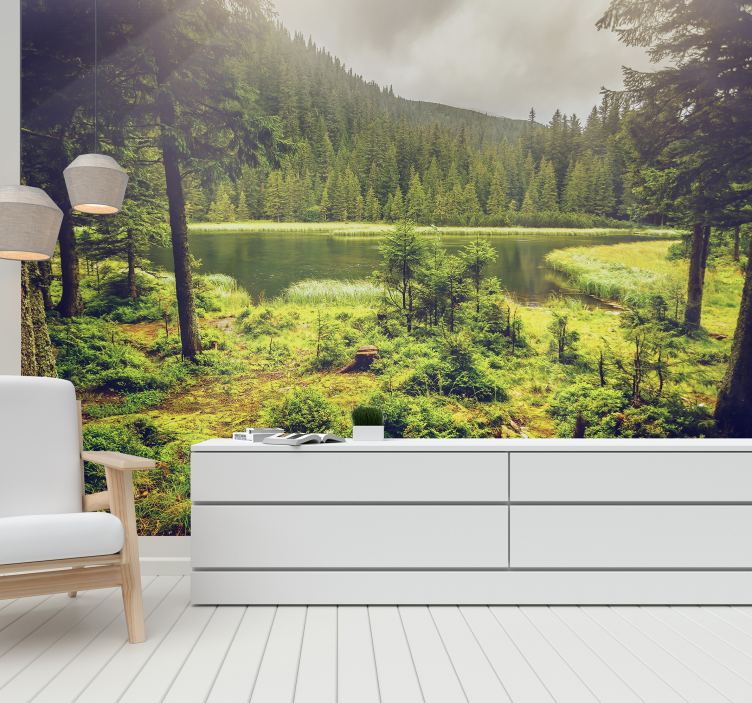 Papel pintado oficina paisaje bosque verde - TenVinilo