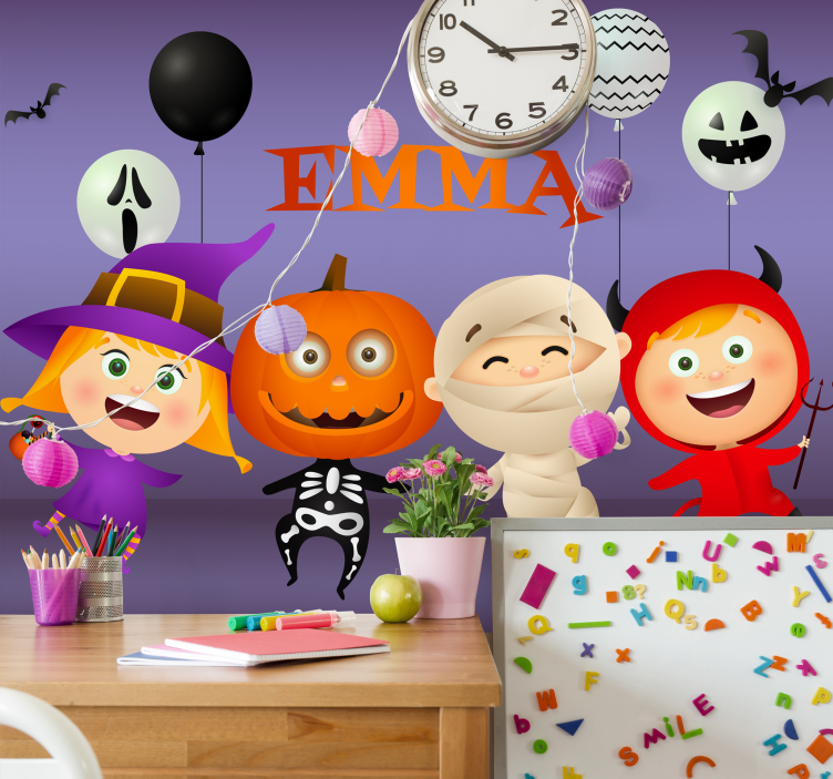 Fotomural infantil personajes Halloween con nombre - TenVinilo