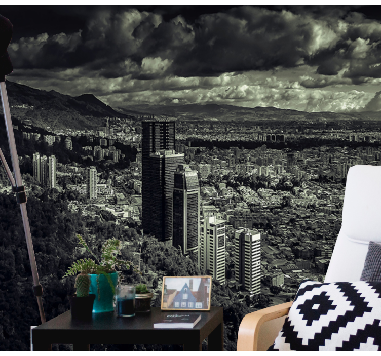 Mural ciudad paisaje urbano con vista a la montaña - TenVinilo