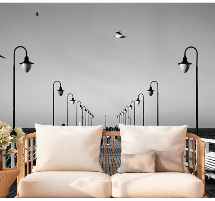 Mural ciudad paseo por el muelle junto al mar - TenVinilo