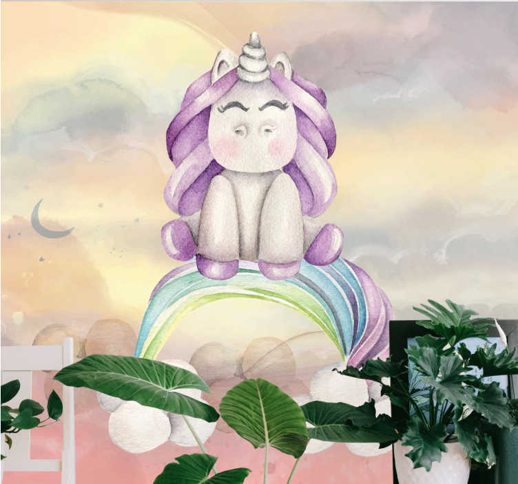 Mural de fantasía unicornio lindo con arcoíris - TenVinilo