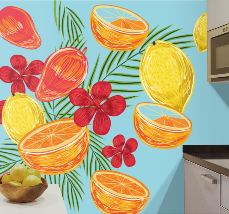 Mural de flores arreglo de frutas tropicales - TenVinilo