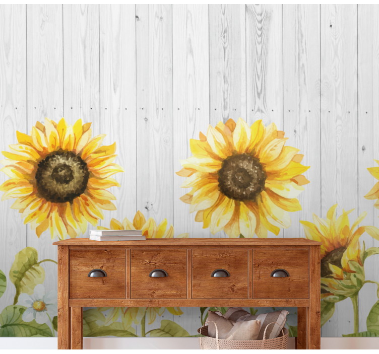 Mural de flores girasoles sobre textura de madera - TenVinilo