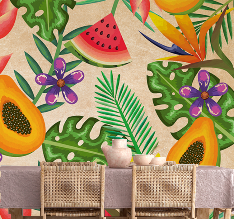 Mural de flores con patrones de frutas tropicales - TenVinilo