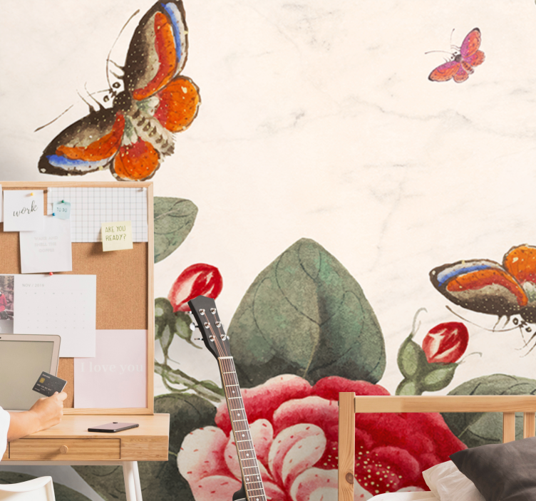 Mural de flores insectos revoloteando y flores - TenVinilo