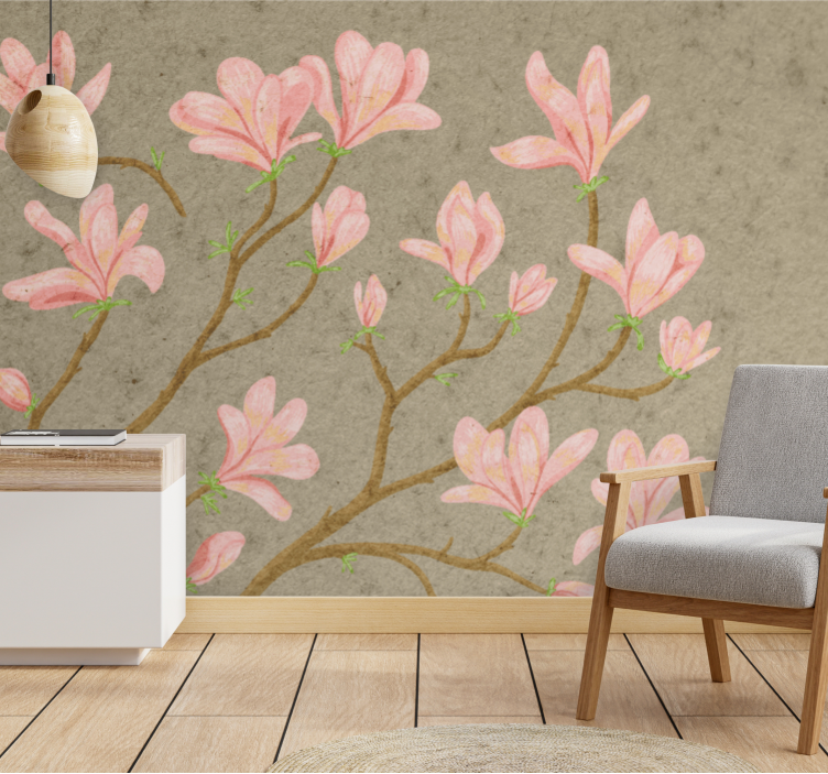Mural de flores magnolia rosa en flor - TenVinilo