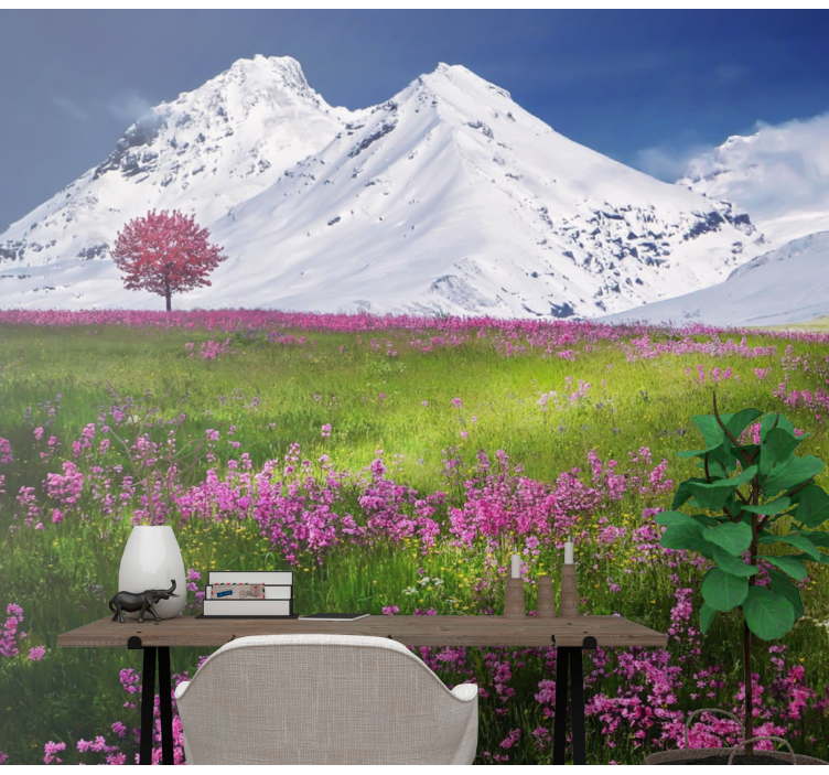 Mural de naturaleza montañas nevadas florecen - TenVinilo