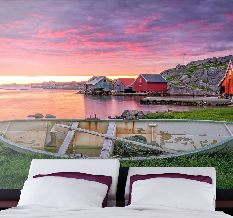 Mural de paisajes pueblo costero escénico - TenVinilo