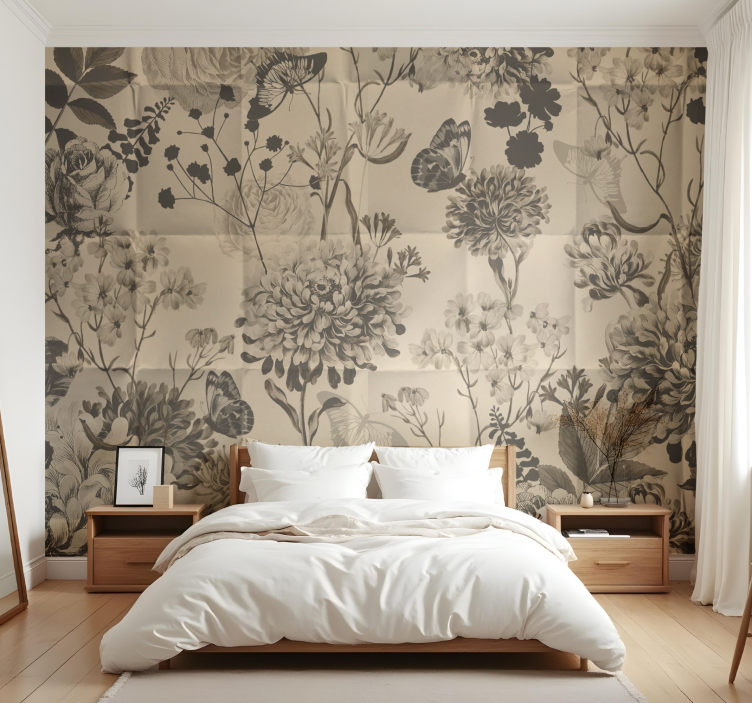 Mural dormitorio matrimonial diseño floral beige - TenVinilo