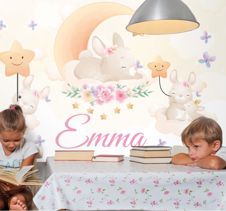 Mural infantil conejo luna estrellas - TenVinilo