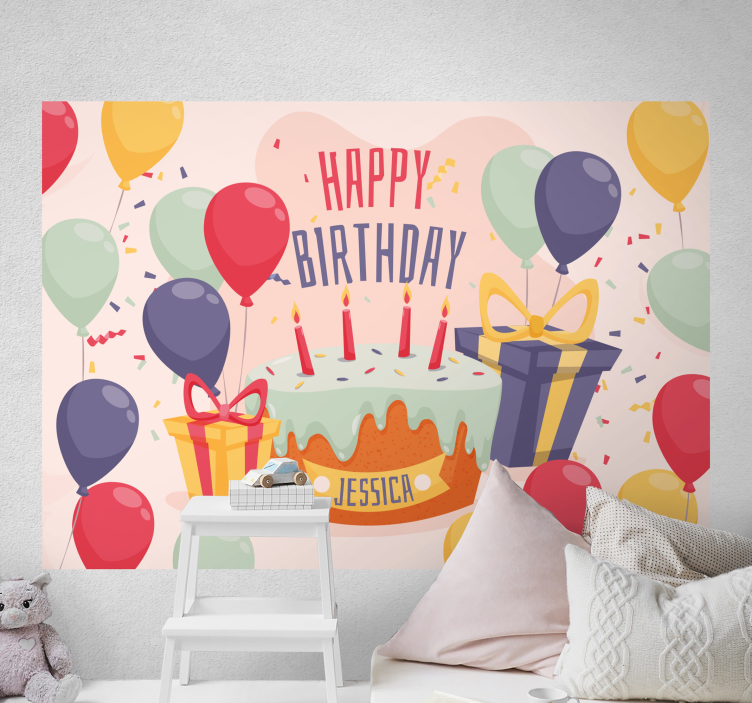 Mural personalizable pastel de celebración de cumpleaños - TenVinilo
