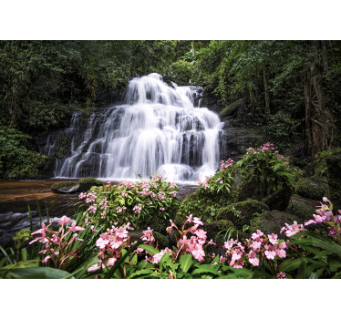Fotomural cascada y flores rosadas - TenVinilo