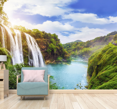 Papel pintado paisaje cascada y montañas - TenVinilo