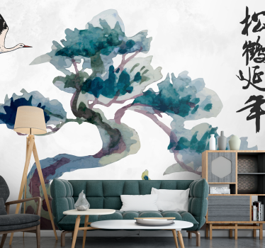 Fotomural de naturaleza Bonsai japonés y pájaro - TenVinilo