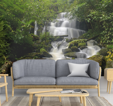 Papel pintado verde naturaleza bosque y cascada - TenVinilo