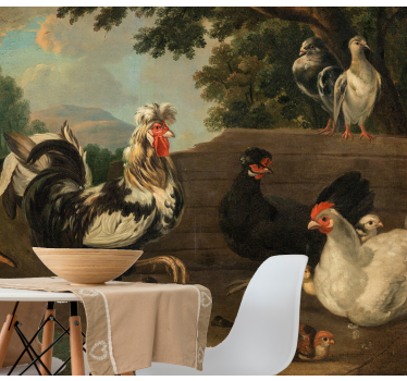 Mural animal Gallo y pollo, familia, en, pradera - TenVinilo