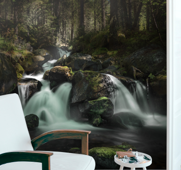 Mural de cascada arroyo del bosque tranquilo - TenVinilo