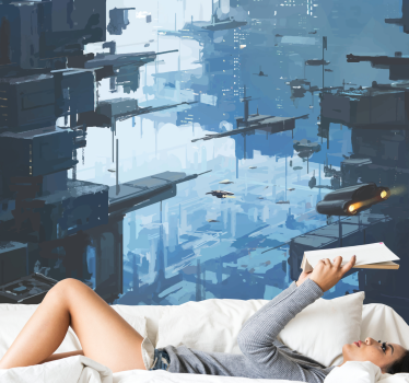 Mural del espacio paisaje urbano futurista - TenVinilo