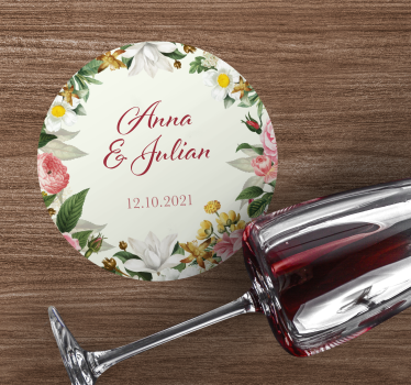 Portavasos boda floral personalizado con flores - TenVinilo