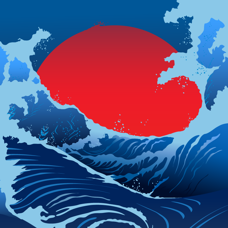 Poster paisaje olas del sol rojo - TenVinilo